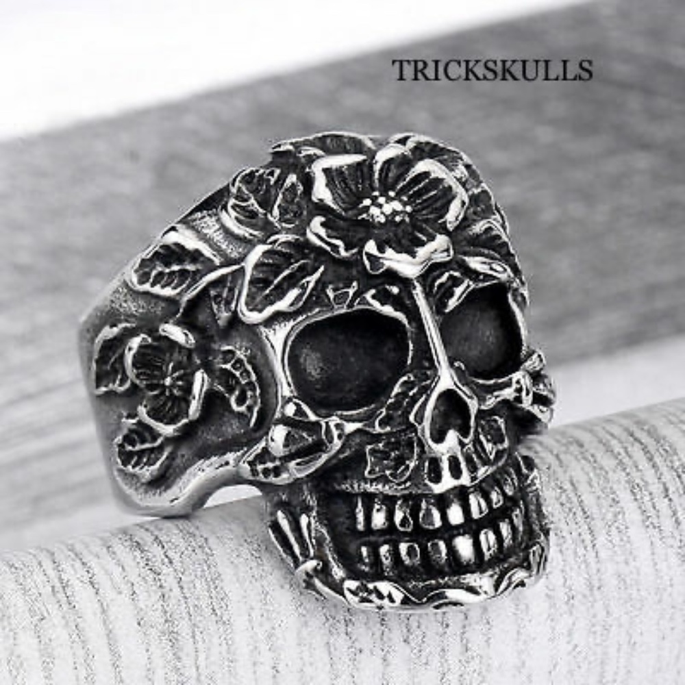 Flower Floral Skull Modern Vintage Streetwear Ring Szs 6 7 7.5 9 9.5 10 10.5